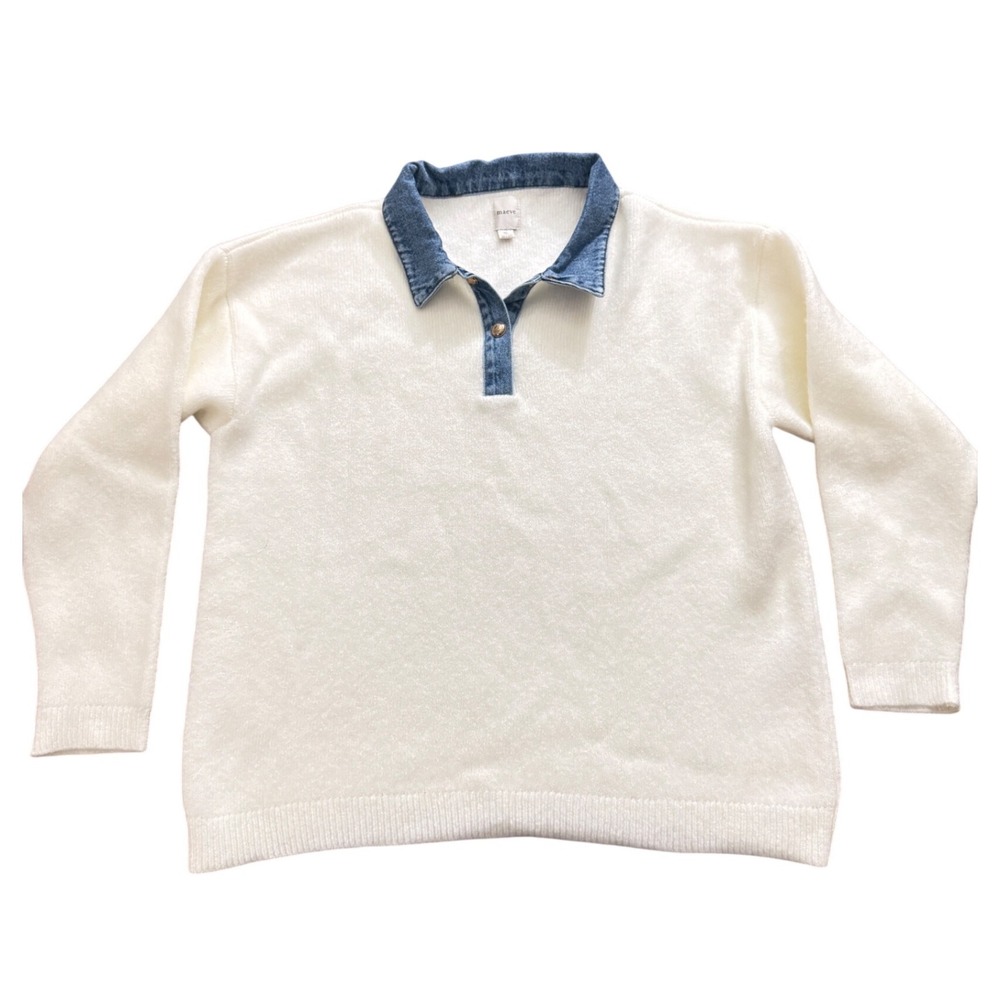 Maeve Anthropologie Womens XL White Fuzzy Knit Sweater Denim Collar Pullover